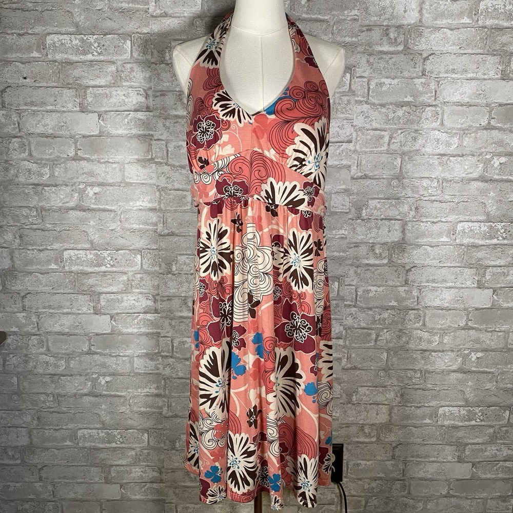 Y2K Boho floral print halter empire waist dress size large 12 /14 Beach Vacation